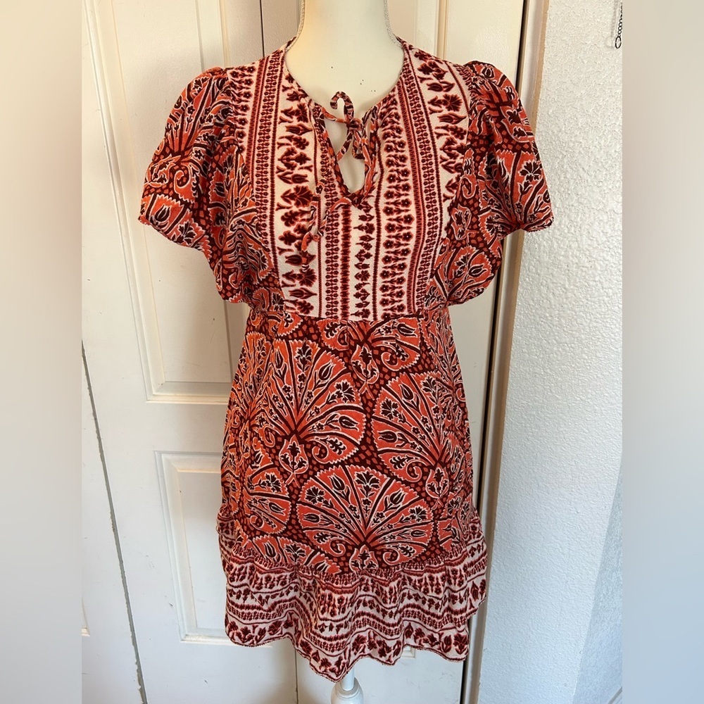 Knox Rose Dress Flutter Sleeve Boho Coral Paisley Cottage Core Pockets Size XS